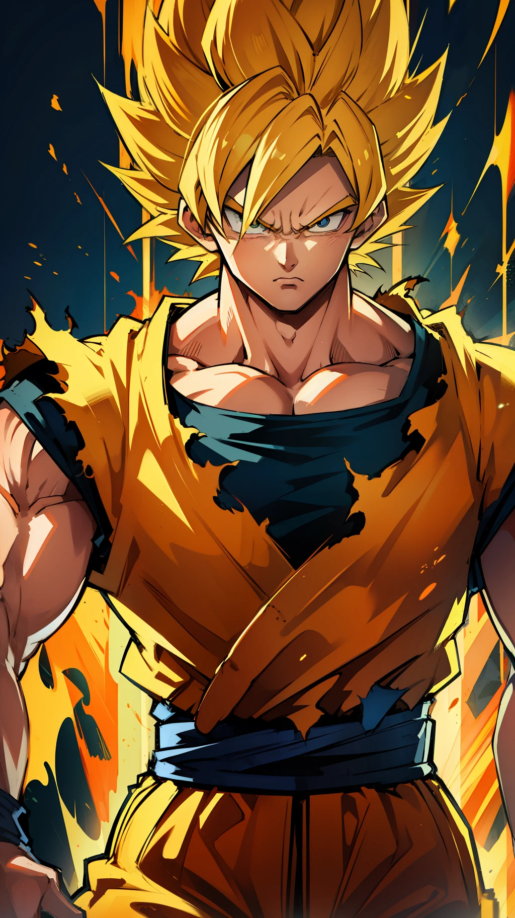 Son goku super sayajin looking at viewer, serious face. Yellow orange aura of power. Muscles. soft light. digital art. traces of 90's anime. Orange Torn clothes. Face defined,