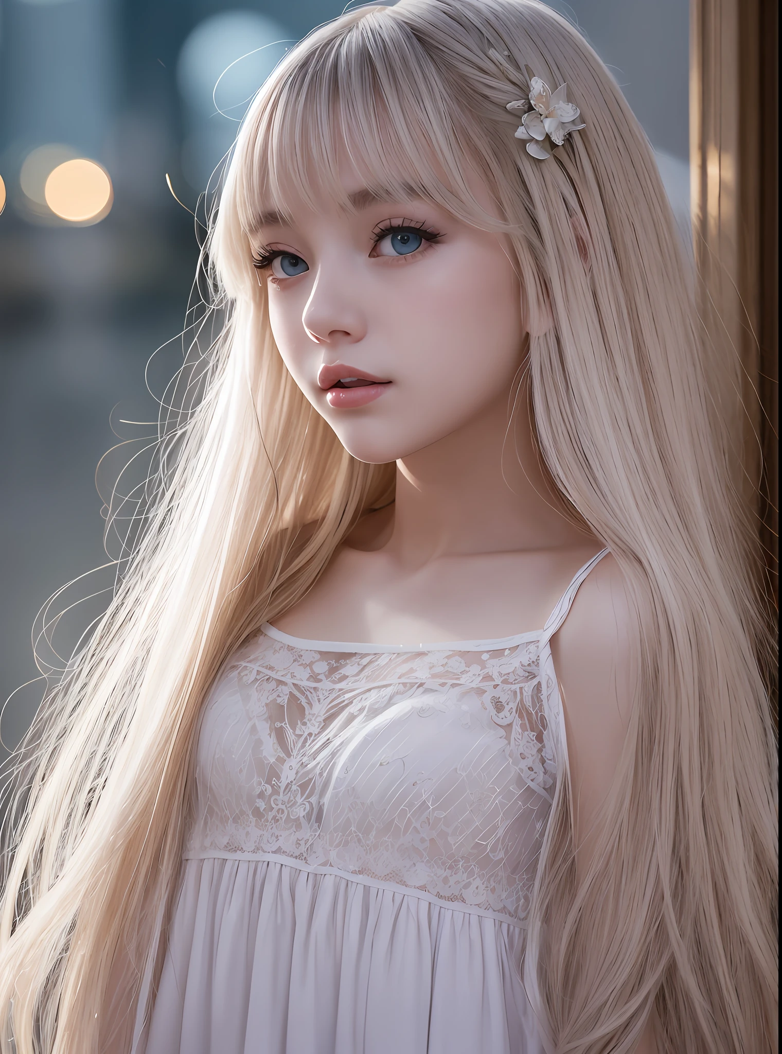 Platinum blonde fine hair、Long straight hair、Bangs on the face and eyes、Blue big eyes、Transparent white and wet nightgown、Nordic youth、perfect bodies、White muscle、glowy skin、Young and beautiful skin、Perfect beautiful beautiful little face、Bright makeup、Thin pink lips、bright expression、1 16 year old girl、Unbuttoned shirt、lipsticks、deceptive advertising、{steams}、Viewer Vision、Golden Hour Lighting、Bokeh atmosphere perspective、detaileds、Movie Light、intricate-detail、hight resolution、 Detailed features of face design、High Details、Clear focus、SMOOTHNESS、aesthetics、printed、octane、{{​masterpiece}}