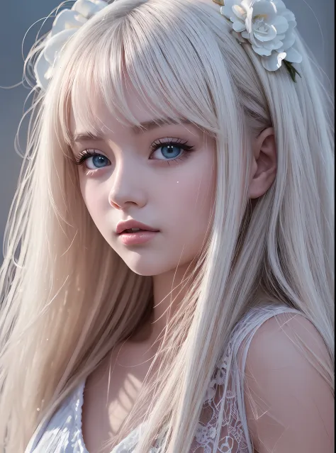 Platinum blonde fine hair、Long straight hair、Bangs on the face and eyes、Blue big eyes、Transparent white and wet nightgown、Nordic...