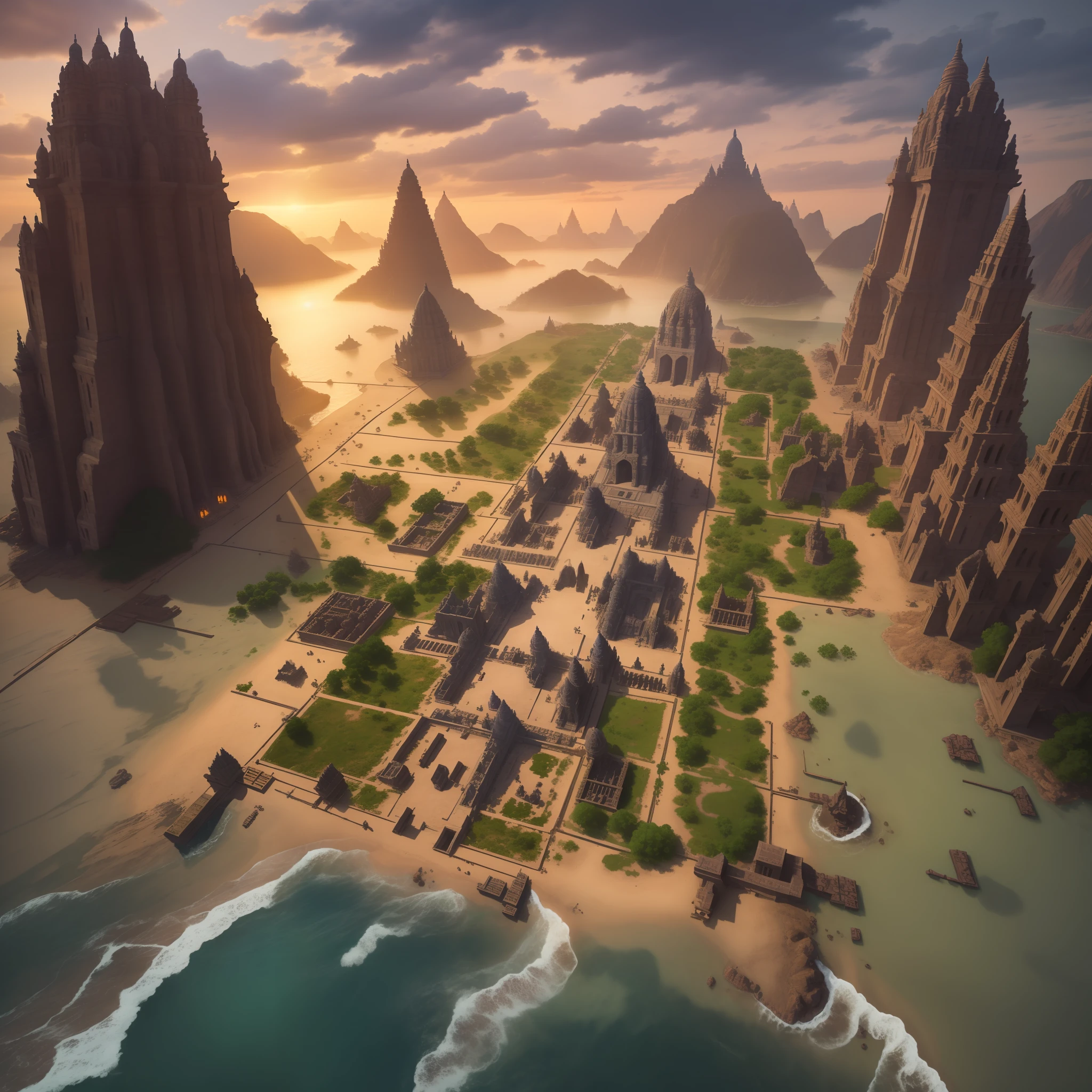 aerial view,Ancient Golden "Indian" City Civilization with Grid system, Majestic Temple amd dozens of Royal Houses made of gold metal,Unreal engine 5,by the sea shore , indian architecture, Hinduism and Buddhism Style,Misty,Mysterious,Flimy., Dramatic lighting, beautiful sky.