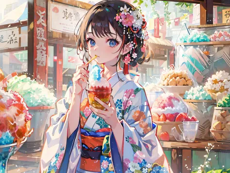 a woman wearing a kimono eating shaved ice, elegant japanese woman, in a kimono, of a youthful japanese girl, wearing a simple r...