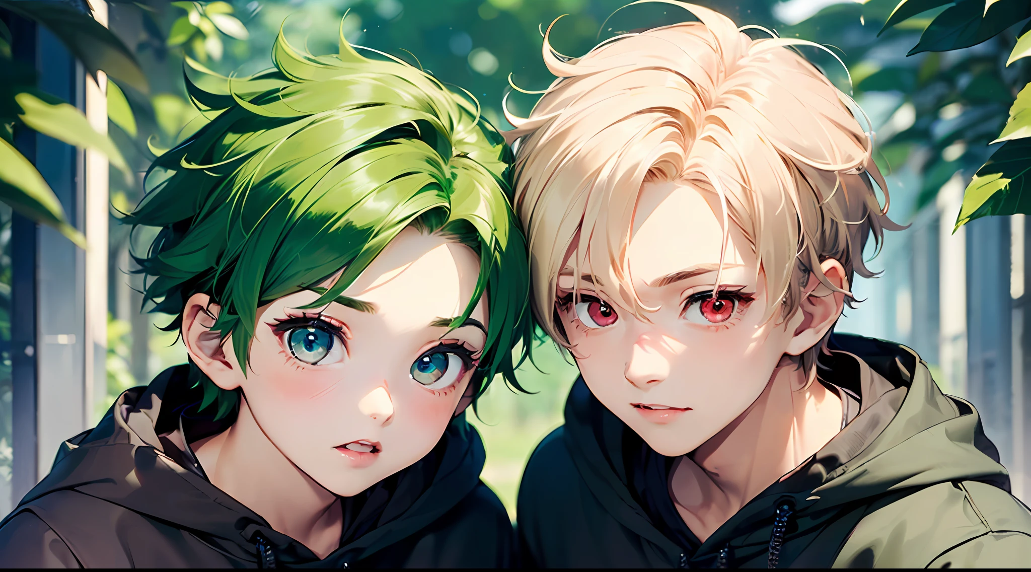 Anime boy and girl with green hair and blue eyes - SeaArt AI