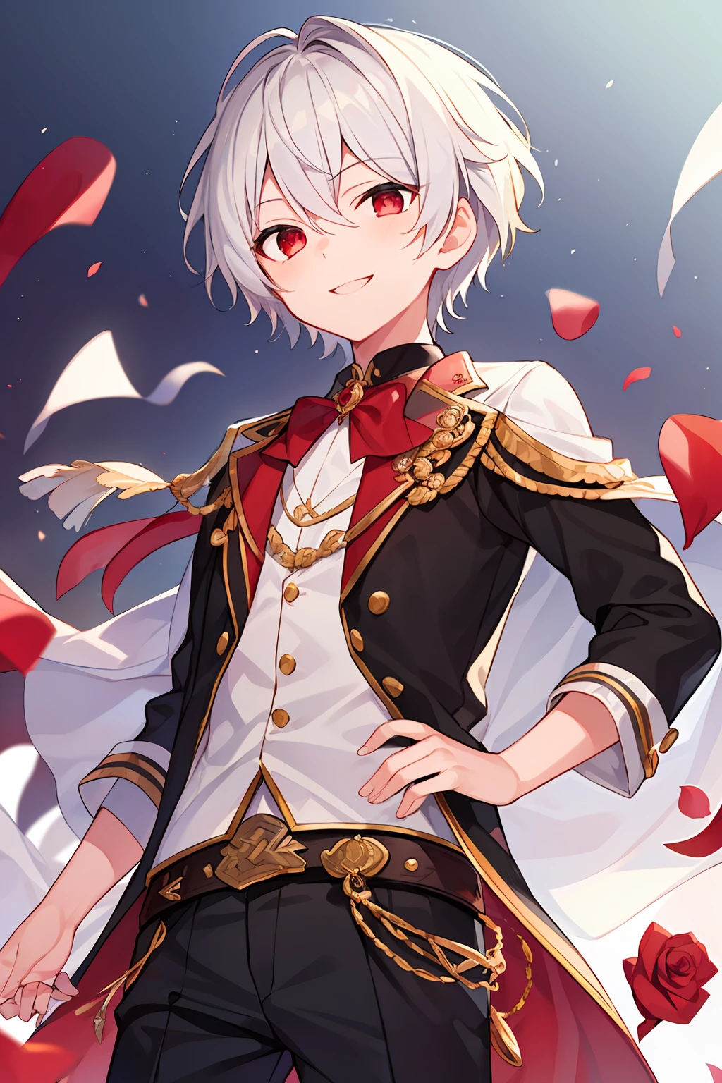 (high-quality, breathtaking),(expressive eyes, perfect face), 1boy, male, solo, short, young boy, short white hair, red eyes, smile, black outfit, rose accessory
