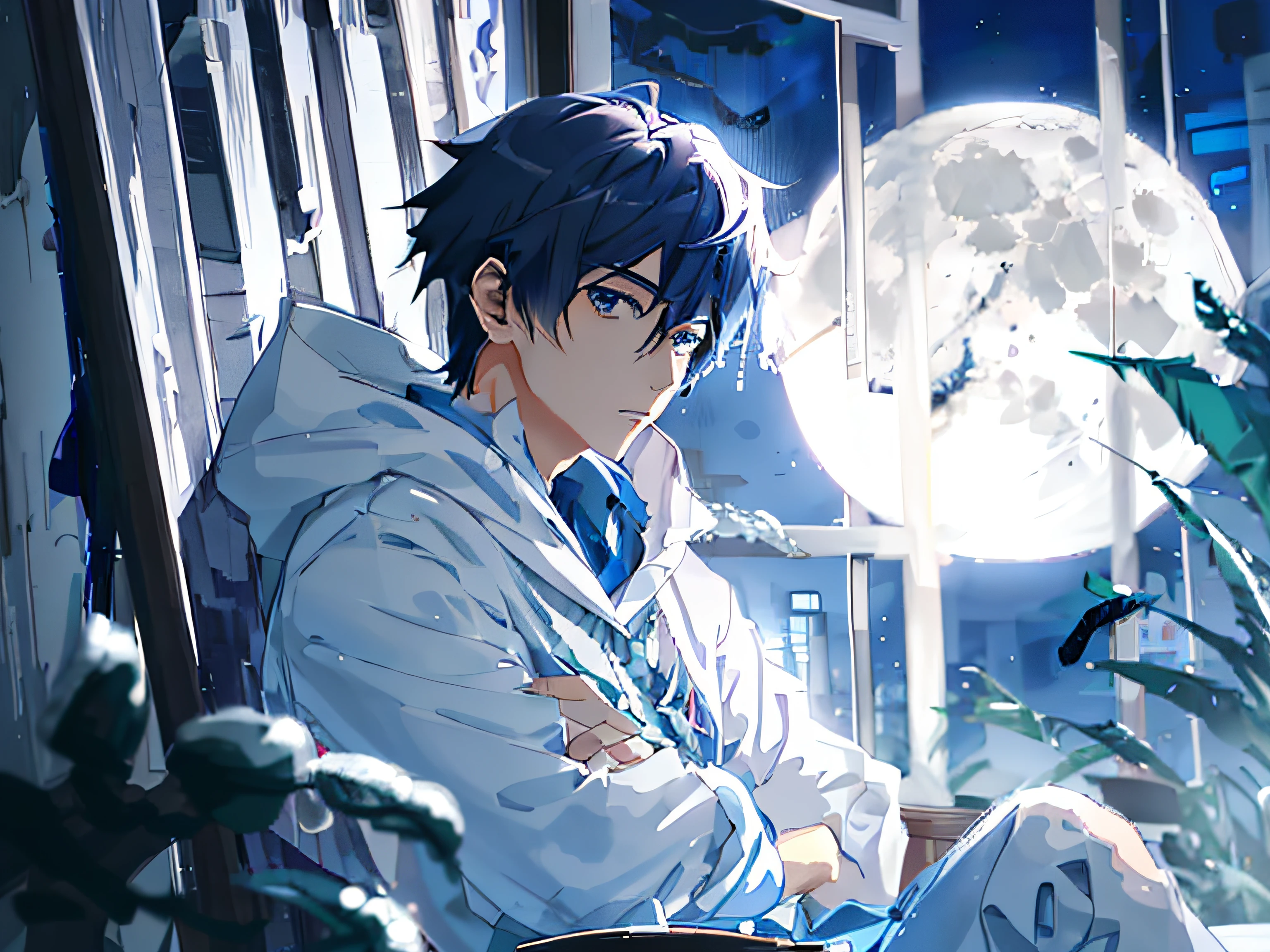 anime boy sitting on a chair looking out a window at the moon, handsome anime pose, anime handsome man, inspired by Bian Shoumin, moon behind him, guweiz, male anime style, 8k!, high quality anime artstyle, shuushuu anime image, anime wallaper, young anime man, handsome guy in demon slayer art, male anime character