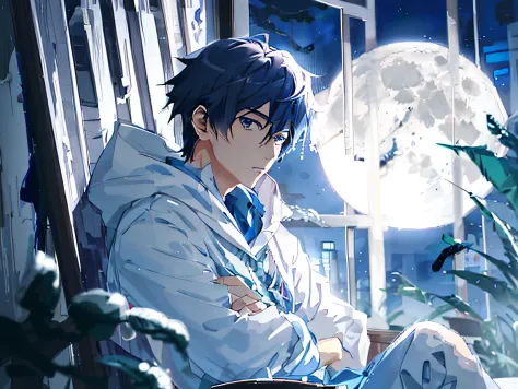 anime boy sitting on a chair looking out a window at the moon, handsome anime pose, anime handsome man, inspired by Bian Shoumin...
