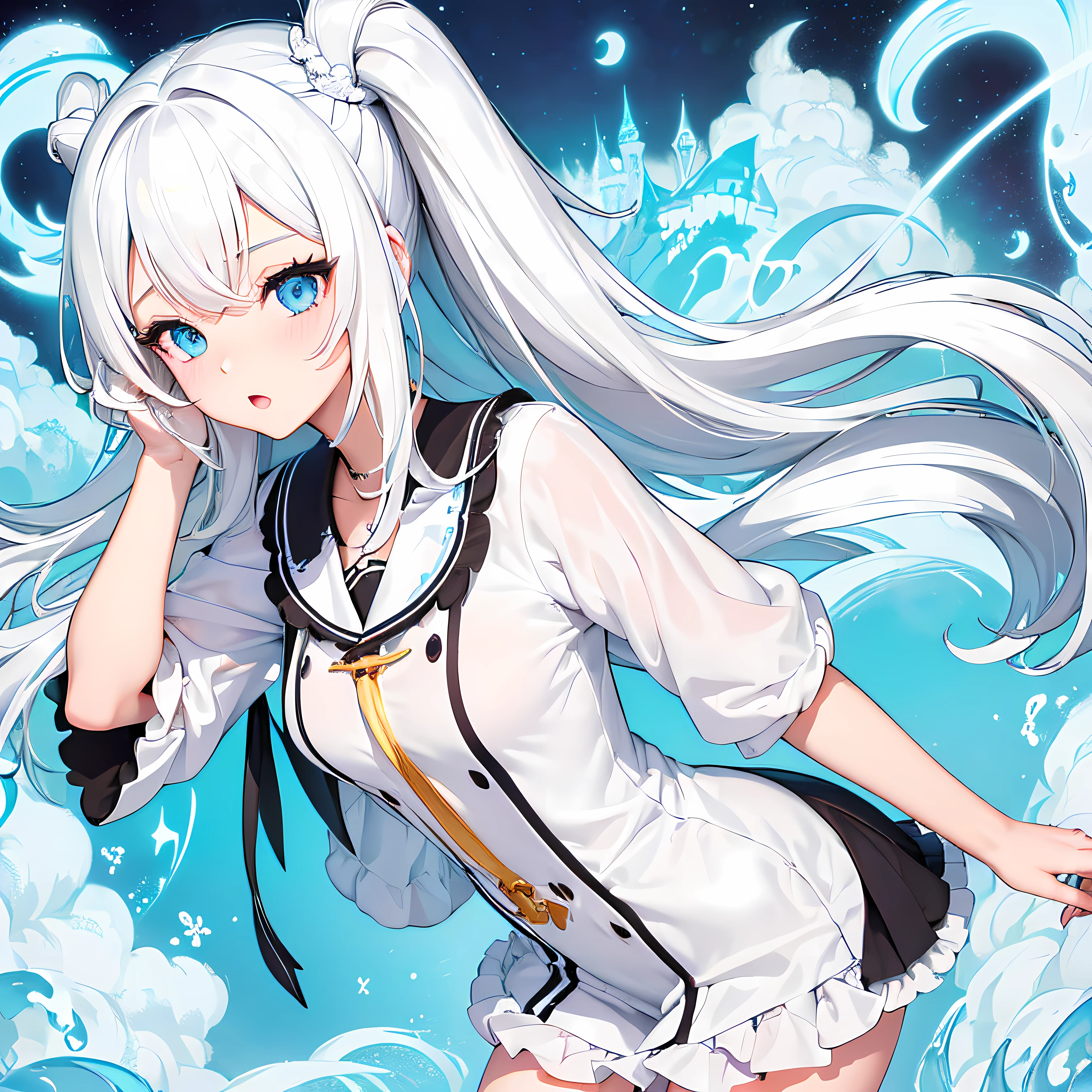 Anime girl with long white hair and blue eyes in a white dress - SeaArt AI