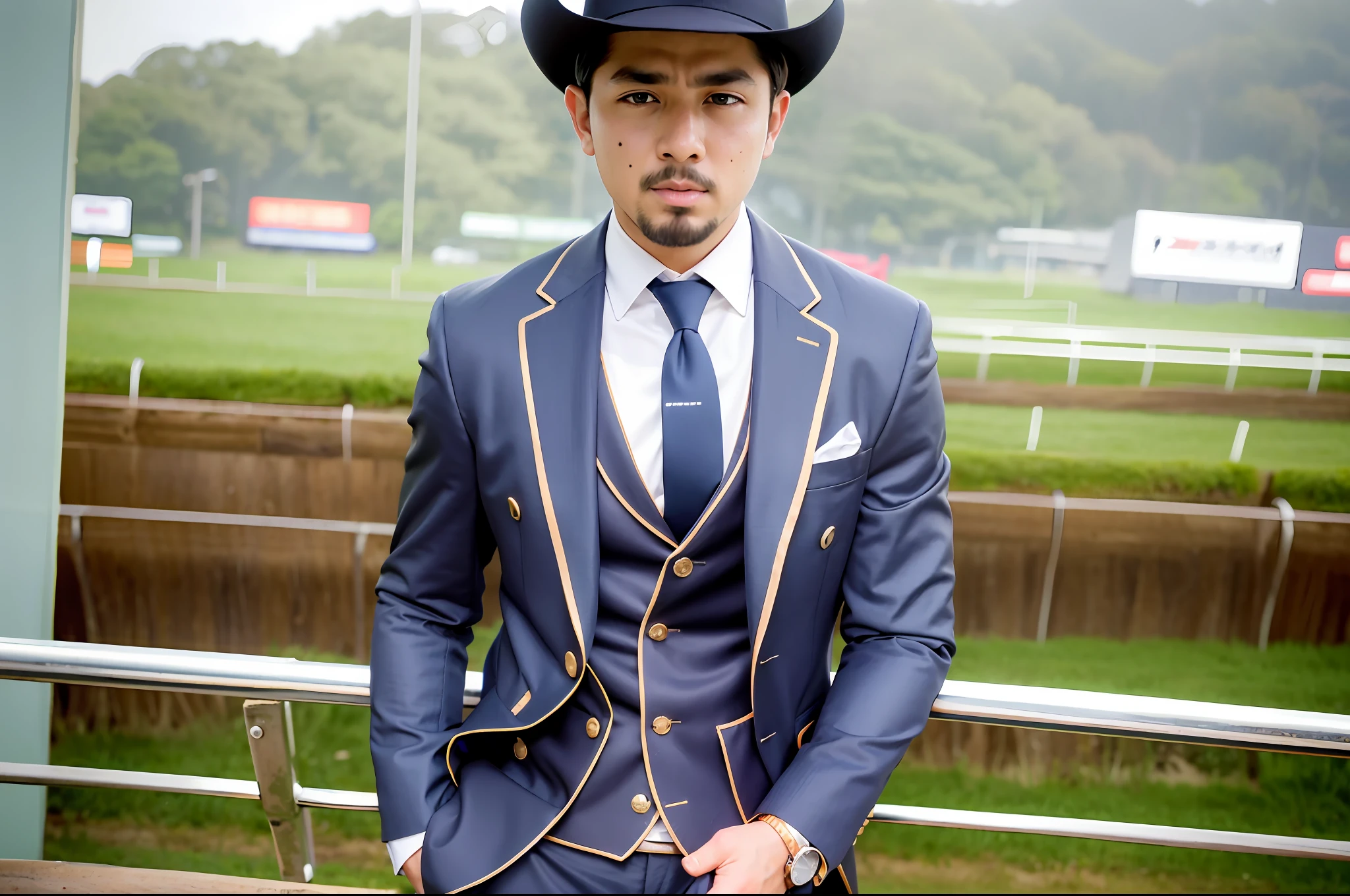 (Cowboy Shot), (((racecourse))), SFW, (masutepiece), (Best Quality:1.0), (超A high resolution:1.0), Detailed Eye Breaking Ton Rack Lock , Suit, Formal, tailcoat, neck tie, Adjustment tie break party, Gorgeous View