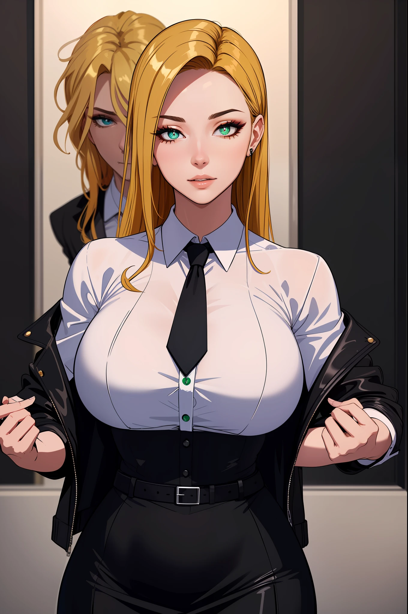 (masterpiece, highres, best quality:1.2), 8K, highly detailed, intricate, colorful, vibrant image, sharp focus, cinematic)  blonde hair, long hair, green eyes, body builder (Wearing black business outfit, black_collared shirt cropped jacket ,tie,necktie,black frilled skirt, garter straps, leather waist belt) (big perfect round breasts,hourglass body, thin waist,very thin waist, Photo realistic,(hyperrealistic:1)beautiful, masterpiece, best quality, extremely detailed face,perfect face,beautiful face, perfect lighting,detailed eye makeup, detail face, nice detailed eyes,nice hands, perfect hands,glowing eyes (realistic pupils,realistic iris:1) heavy eye makeup,(empty Casino)(Posing dynamically)