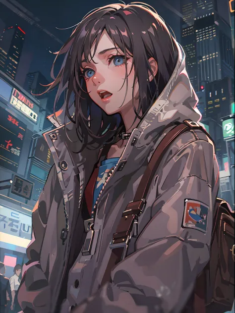 1girl in, jaket, Sateen, plein air, parka, Open jacket, chain, rucksack, Look at another one, hair messy, Trending on ArtStation, 8K分辨率, Highly detailed and anatomically correct, Sharp Images, digitial painting, concept-art, trending on pixiv, style of mak...