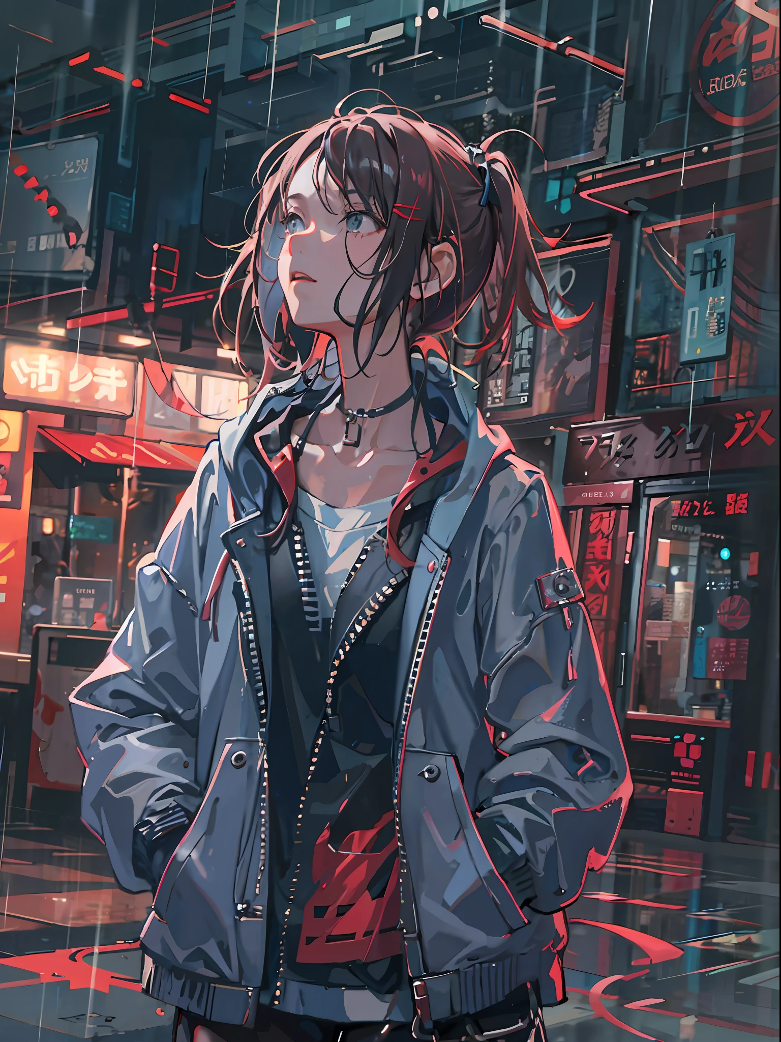 1girl, jacket, rain, outdoor, hoodie, open jacket, chain, backpack, looking at another, messy hair, trending on artstation, 8k resolution, highly detailed, anatomically correct, sharp image, digital painting, concept art, trending on pixiv, style of makoto shinkai,