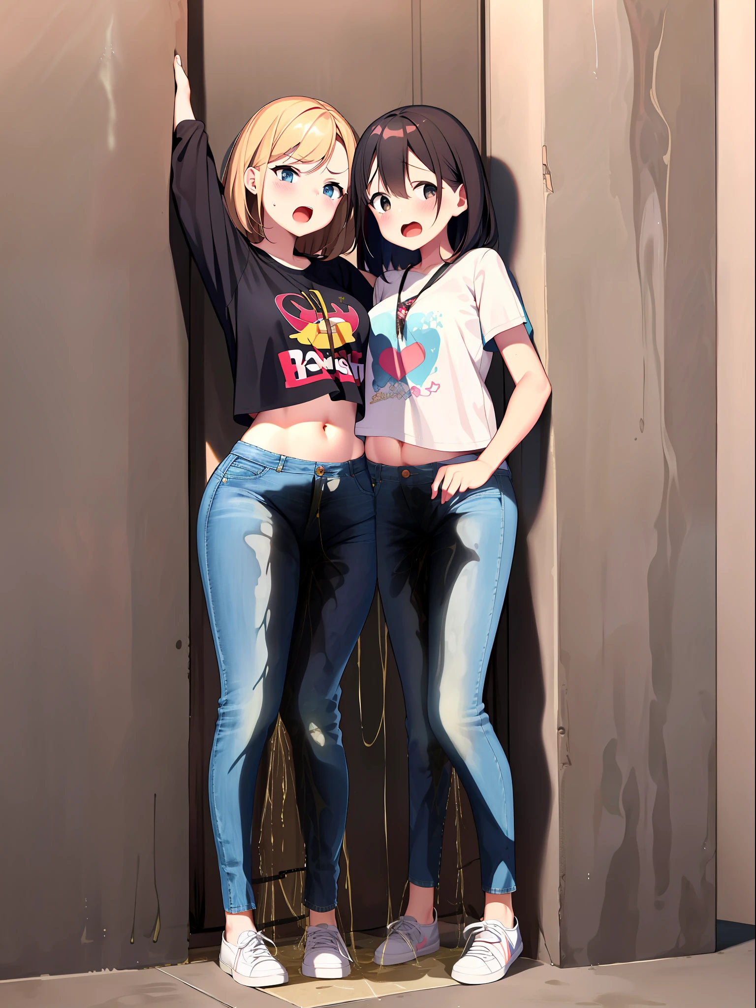 Two anime girls standing next to each other in front of a wall - SeaArt AI