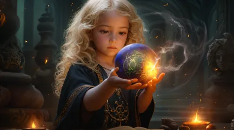 realistic photo, girl child 10 years old, blonde big hair, holding a green ball in his hands, spell casting mage, he is casting ...