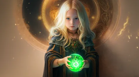 realistic photo, girl child 10 years old, blonde big hair, holding a green ball in his hands, spell casting mage, he is casting ...