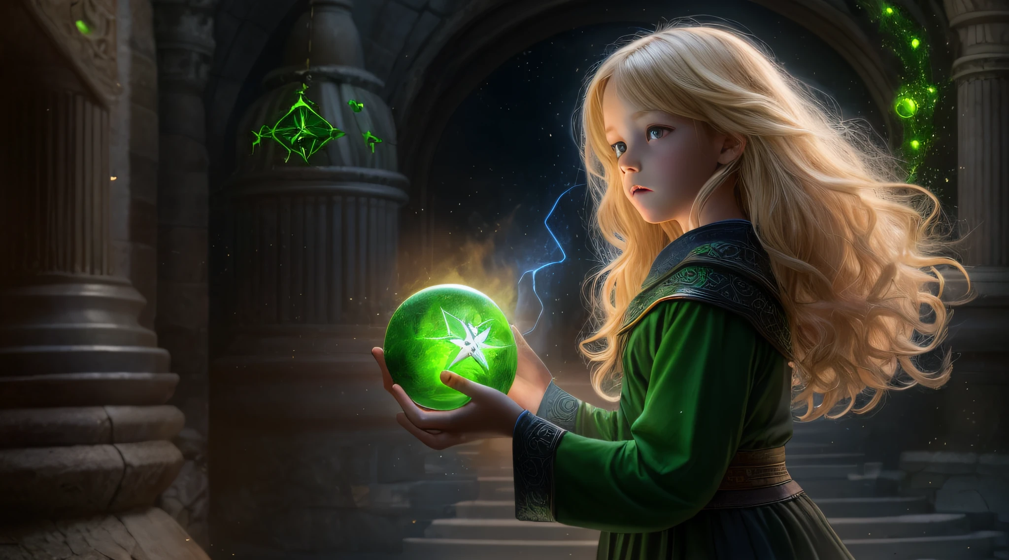 REALISTIC PHOTO, GIRL CHILD 10 YEARS OLD, BLONDE BIG HAIR, holding a green ball in his hands, spell casting mage, he is casting an illumination spell, an arcane mage casting a spell, casting a powerful spell, with powers of black magic, casting spells, casting a protection spell, wiccan, magic, magic magic, sacred flame spell,  black magic spells, with black. Magical powers