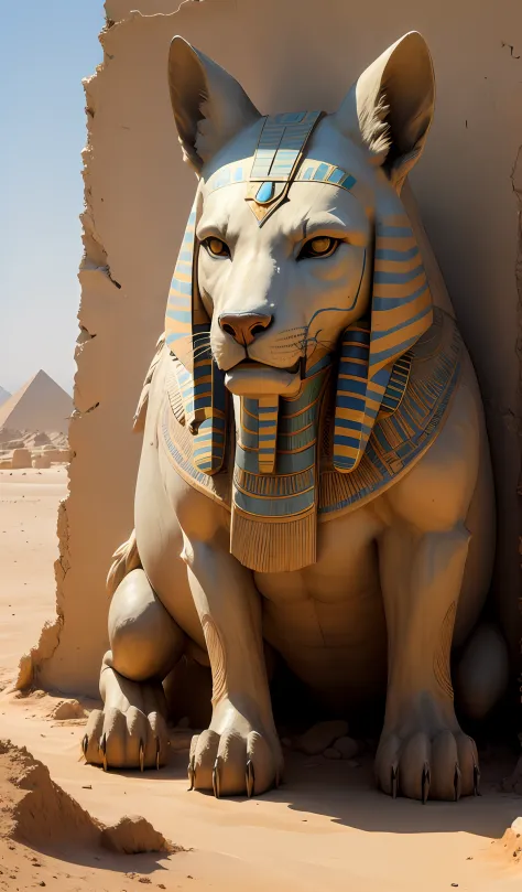 ((masterpiece)),((best quality)),((high detial)),((realistic,)) In the middle of a desert，Dilapidated ancient Egyptian pyramids，Statue of the guardian beast of grace，