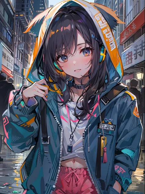 8K分辨率、((top-quality))、((​masterpiece))、((ultra-detailliert))、1 woman、独奏、incredibly absurdness、Oversized hoodies、headphones、Street、plein air、Sateen、Neon Street、Shortcut Hair、Brightly colored eyes、Hands in pockets、shortpants、water dripping、I have my hands in...