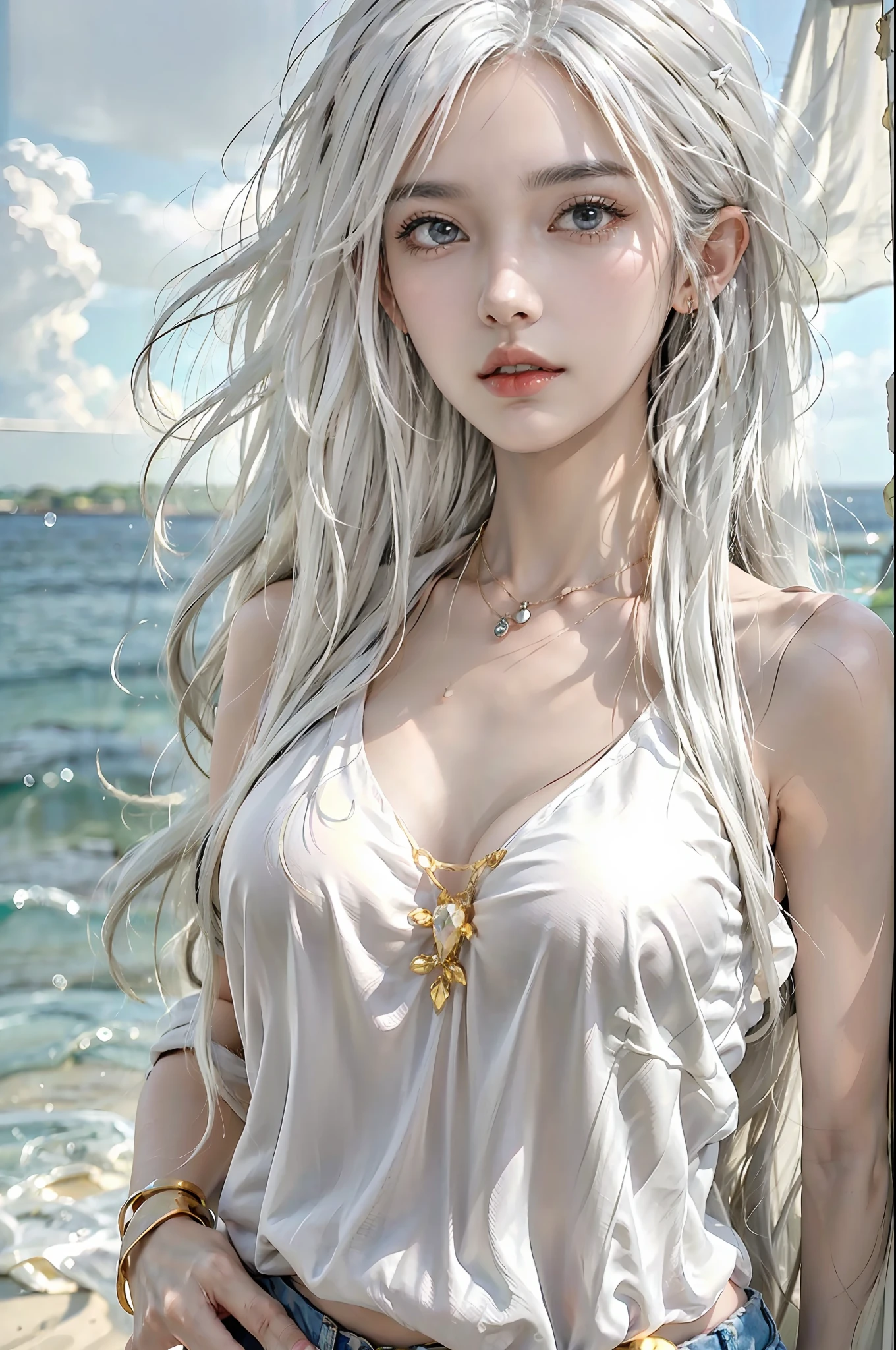 photorealistic, high resolution, 1 girl, hips up, beautiful eyes, white hair, streetwear, bracelets,elegant necklace, elegant diamond earrings, super_bikini, beach