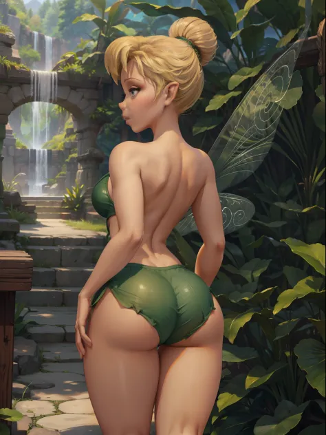 tinkerbell, adult, fairy wings, standing, posing, wearing short top and dolphin shorts, sensual, erotic, hot, full-body-shot, detailed face, beautiful face, cute nose, big breasts, thick thighs, long legs, wide hips, (back facing camera), showing ass, big ...