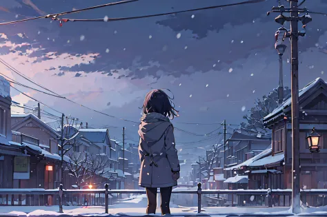 One girl staring at the sky in the distance、Alone、Black long-haired、Grey duffel coat、Check muffler、shortpants、Black tights、long ...