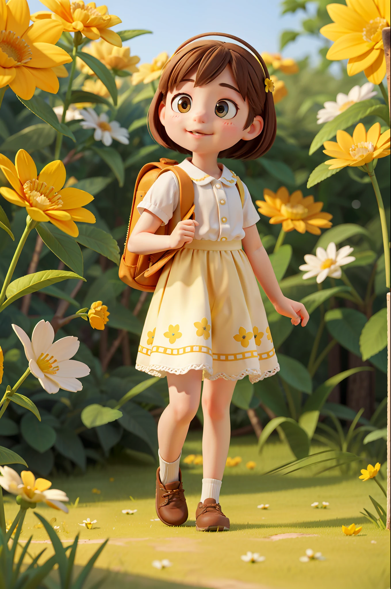 Uma muito charmosa com uma mochila e seu pai barbudo e seu cachorrinho amarelo e branco，Desfrute de um lindo passeio de primavera cercado por lindas flores amarelas e pela natureza。A ilustração é uma ilustração de alta definição em resolução 4k，Com características faciais muito detalhadas e visuais em estilo de desenho animado