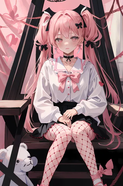 masterpiece, best quality, (jirai_kei),1girl, solo, long_hair, looking_at_viewer, shirt, black_hair, long_sleeves, bow, ribbon, twintails, sitting, monochrome, hair_bow, heart, pantyhose, frills, food, shoes, choker, blunt_bangs, black_skirt, pink_eyes, st...