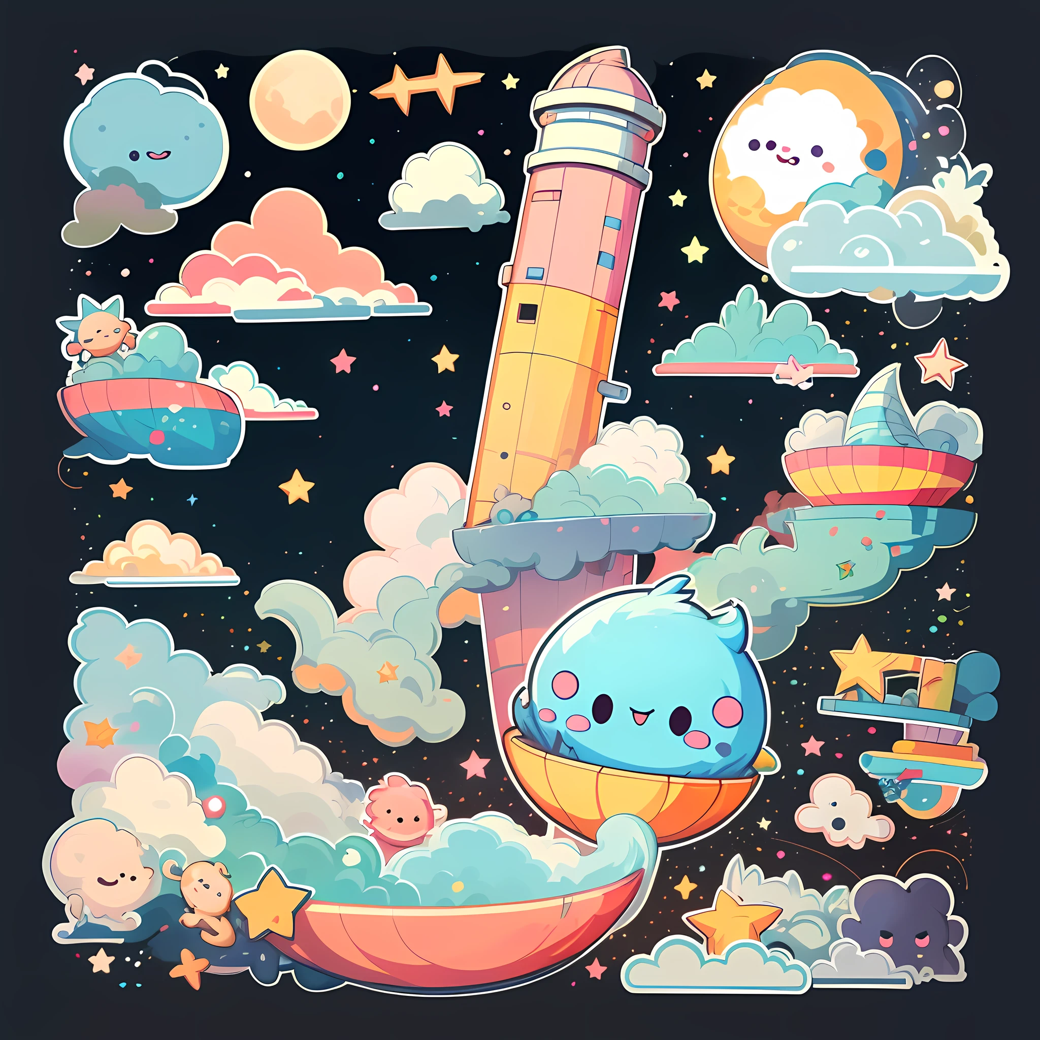 Cartoon illustration with pencil on sky background and clouds, fantasy sticker illustration, space magical whale, space ship gribble, cartoon fantasy spaceship, Cute detailed digital art, sky whales, flying cloud castle, cute detailed artwork, spaceships in the cloudy sky, space whale, the wizard's magical tower!!, stickers illustrations, Flying spaceship, space clouds, small spaceships