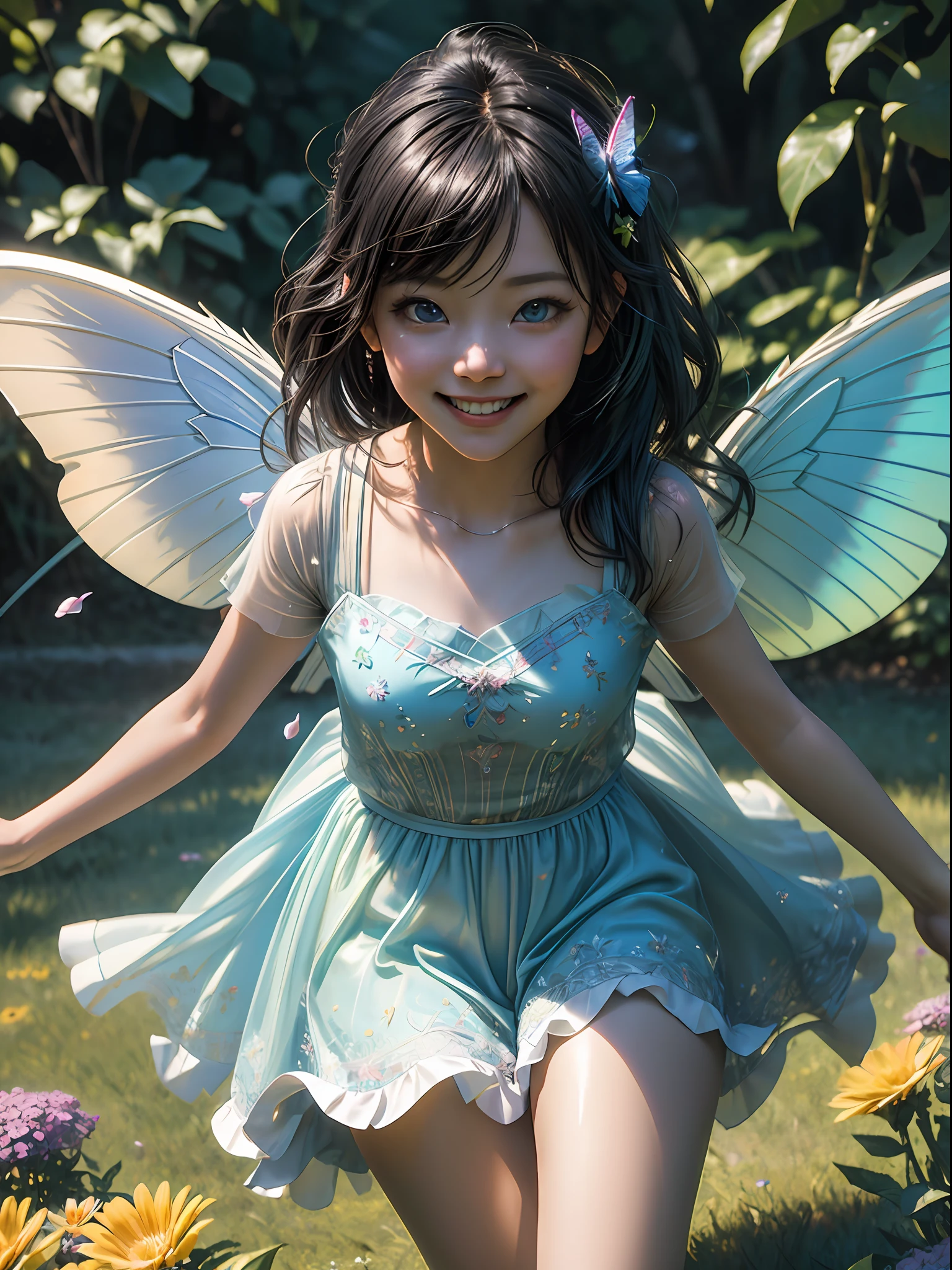 (masterpiece, high resolution:1.3), (playful child:1.2), (5-year-old Asian girl:1.1), (clear blue sky on a sunny day:1.1), (vibrant greenery in the park:1.1), (lush and colorful flowers:1.1), (gently swaying in the breeze:1.1), (blissful atmosphere:1.1), (sparkling sunlight, casting warm rays:1.2), (bright and cheery ambiance:1.1), (innocent and curious gaze:1.1), (clear and light-colored eyes, shimmering with wonder:1.2), (adorable smile, radiating happiness:1.1), (bouncing dark hair, framing her face:1.1), (playful movements, skipping towards the flowers:1.2), (soft laughter, echoing through the air:1.1), (tiny hands reaching out to touch the petals:1.1), (fascinating butterfly, perched on a blooming flower:1.1), (vivid and multi-colored wings:1.2), (gentle flutters, mesmerizing the child:1.1), (timeless moment, frozen in joy:1.1), (parental presence in the background, watching with pride:1.1), (mixture of excitement and serenity:1.2), (life's enchantment captured in the scene:1.1). Captured using the Canon EOS R6 camera paired with the Canon RF 85mm f/1.2 L USM lens, Cinematic, Hyper-detailed, insane details, Beautifully color graded, Unreal Engine, DOF, Super-Resolution, Megapixel, Cinematic Lightning, Anti-Aliasing, FKAA, TXAA, RTX, SSAO, Post Processing, Post Production, Tone Mapping, CGI, VFX, SFX, Insanely detailed and intricate, Hyper maximalist, Hyper realistic, Volumetric, Photorealistic, ultra photoreal, ultra-detailed, intricate details, 8K, Super detailed, Full color, Volumetric lightning, HDR, Realistic, Unreal Engine, 16K, Sharp focus, Octane render --v testp