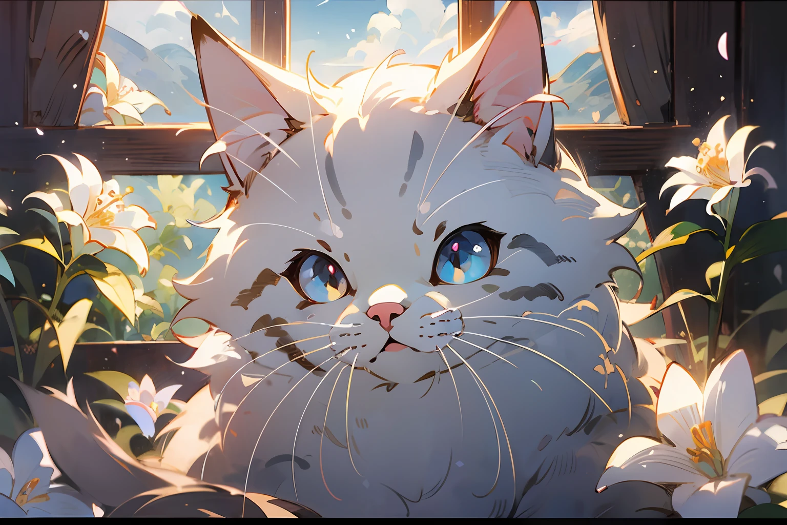 Lindo gato títere blanco, hayao miyazaki estilo de ensueño, ilustración animal surrealista, arco, flores, ventana, cielo, arte meiji, pintura de color claro, capas ricas, pintura figurativa realista, estilo de retrato realista con hiperdetalle, Japón neotradicional, bordes suaves, fantástica ilustración, (Fondo de pantalla CG unity 8K muy detallado), Fondo limpio, luz natural, mejor calidad, hiperdetalle,