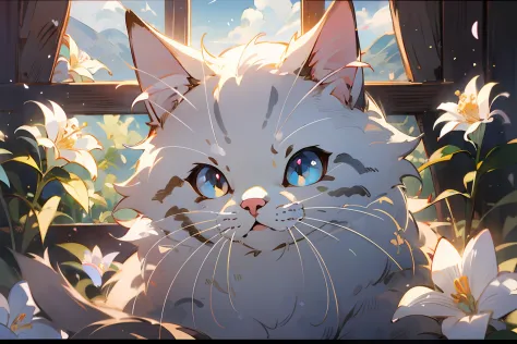 cute white puppet cat, hayao miyazaki dream style, surrealist animal illustration, bow, flowers, window, sky, meiji art, light c...