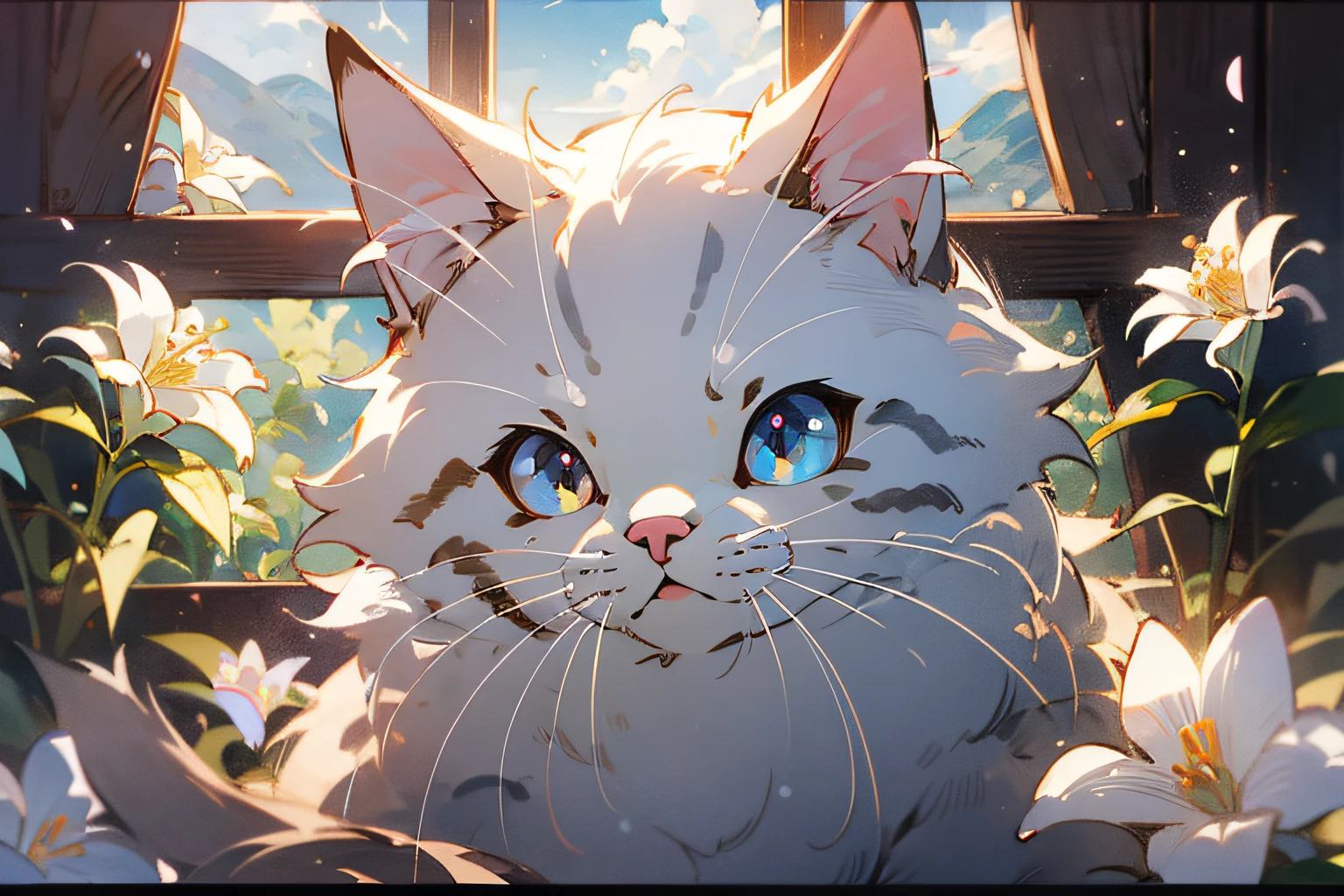 cute white puppet cat, hayao miyazaki dream style, surrealist animal illustration, bow, flowers, window, sky, meiji art, light color color painting, rich layers, realistic figurative painting, realistic hyper-detail portrait style, neo-traditional japan, soft edges, fantastic illustration, (very detailed CG unity 8k wallpaper), clean background, natural light, best quality, hyperdetail,