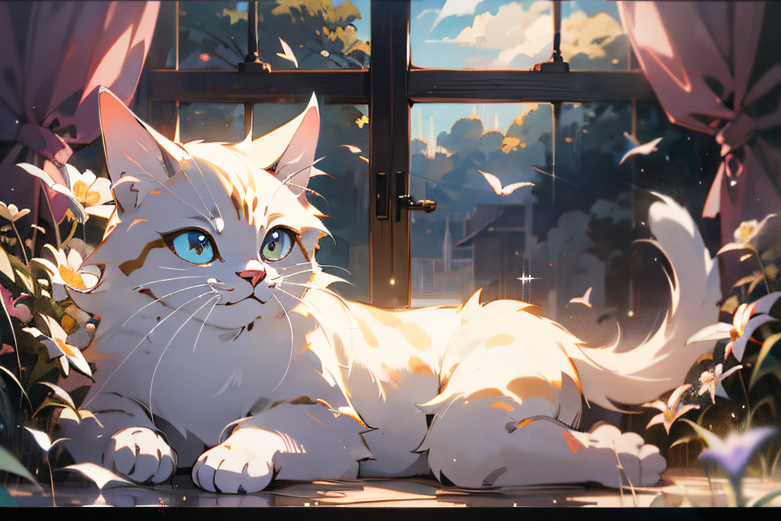 cute white puppet cat, hayao miyazaki dream style, surrealist animal illustration, bow, flowers, window, sky, meiji art, light color color painting, rich layers, realistic figurative painting, realistic hyper-detail portrait style, neo-traditional japan, soft edges, fantastic illustration, (very detailed CG unity 8k wallpaper), clean background, natural light, best quality, hyperdetail,