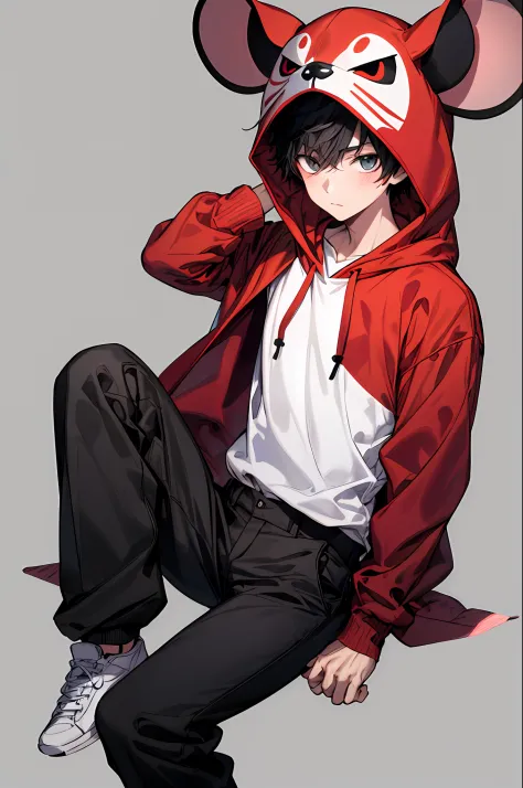 A boy, wearing a mouse mask, wearing a red hoodie and white shirt, short black pants, a plain white background.