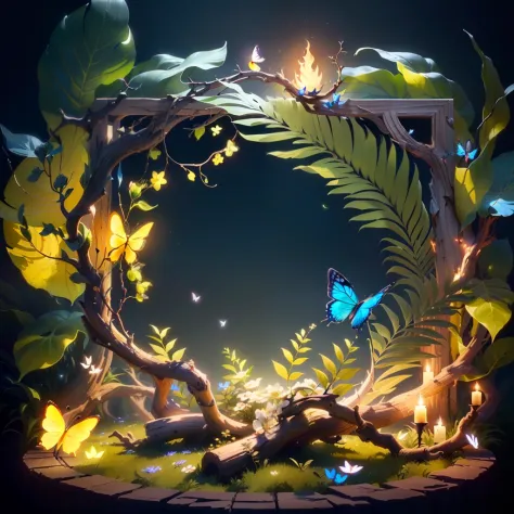 masterpiece, best quality, (extremely detailed CG unity 8k wallpaper), (best quality), (best illustration), (best shadow), UI interface frame design, (simple background:1.5), (circular shape), leaves, branches, vines, flowers, small butterfly, particle eff...