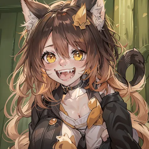 anime cat girl wearing cat ears and a cat tail, black and orange wavy hair, calico cat, light yellow eyes, smirk, sultry expression, soft and warm lighting, barn, fangs, large luscious lips, blush, petite, full body photo