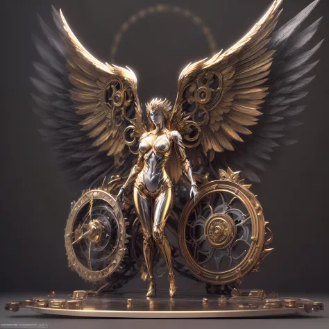 （Tilt-Shift:1.4),Mechanical style,Gold Theme,(1 mechanical female angel,anatomically correct,full body, ,golden wings,standing,circular base),Black and white background, (3D render,Best quality, high detailed, Masterpiece, offcial art, Cinematic Lighting, ...