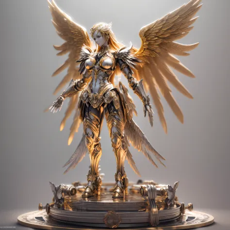 （Tilt-Shift:1.4),Mechanical style,Gold Theme,(1 mechanical female angel,anatomically correct,full body, ,golden wings,standing,circular base),Black and white background, (3D render,Best quality, high detailed, Masterpiece, offcial art, Cinematic Lighting, ...