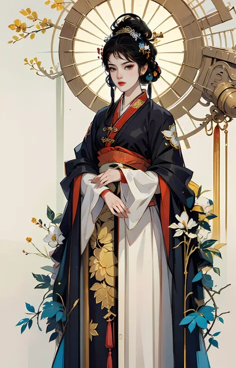 one-girl， Ancient Chinese clothing， rays of sunshine， Clear face， Clean white background， tmasterpiece， super detailing， Epic co...