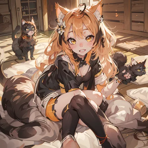 anime cat girl wearing cat ears and a cat tail, black and orange wavy hair, calico cat, light yellow eyes, smirk, sultry expression, soft and warm lighting, barn, fangs, large luscious lips, blush, petite, full body photo