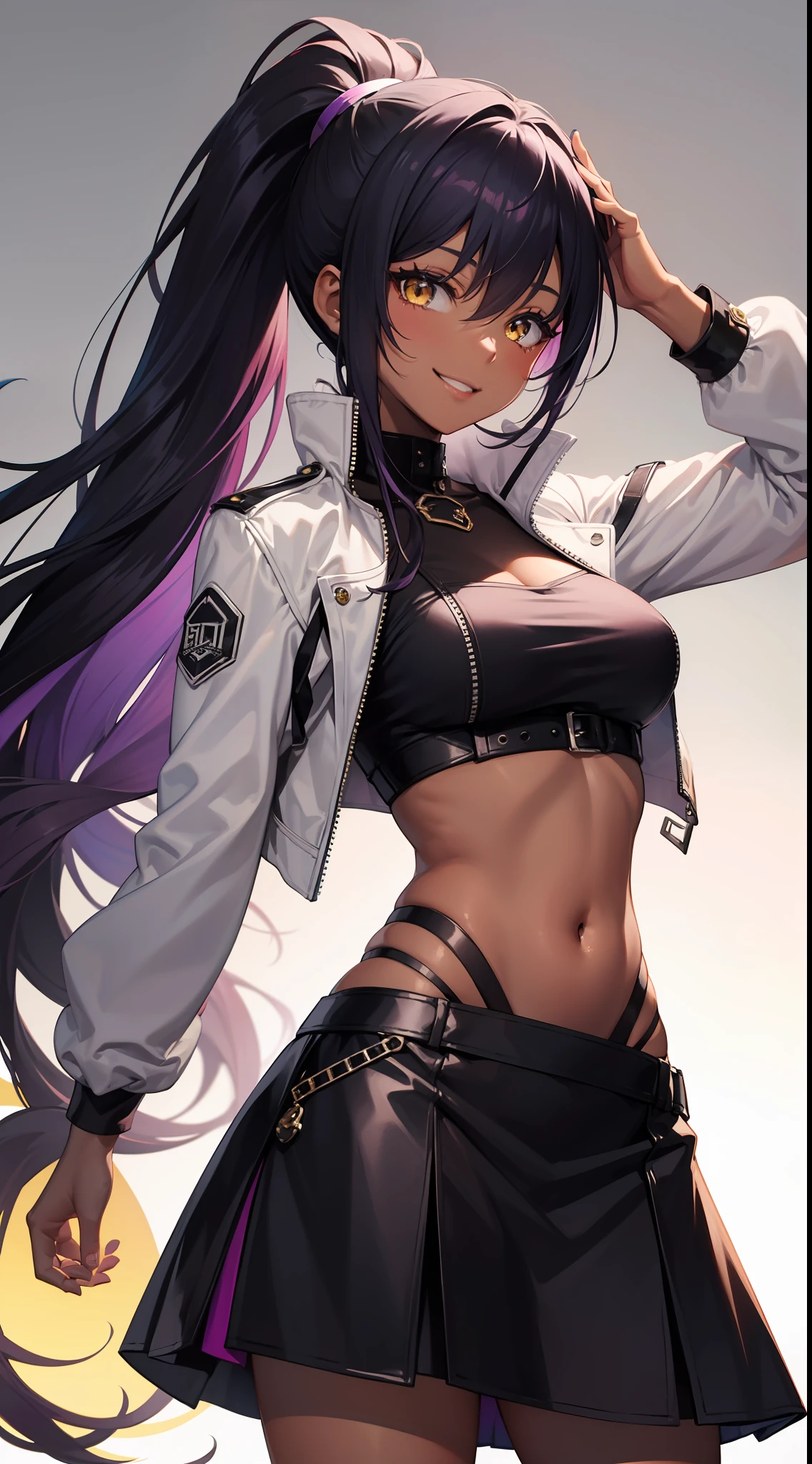 young ebony girl, black skin, long purple hair, high ponytail, Yellow eyes, white leather jacket, skirt, open belly, sideboob, smile, Masterpiece, high quality