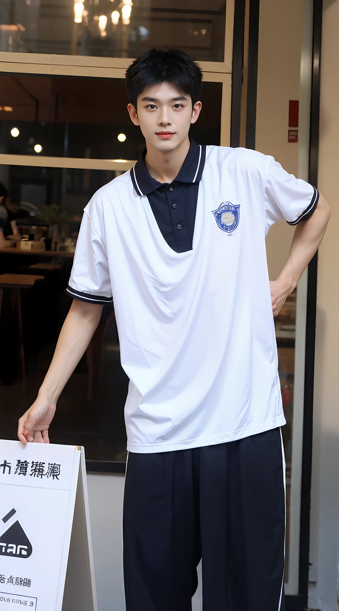 （Handsome Chinese guy：1.5），Boy outside coffee shop，Clear coffee cup in hand，Uniforms，Realistic photos，Wearing a blue school uniform，Brush cut，Textured skin，looks into camera，1 boy，studio，danshi koukousei，Muscle role，Perfect shadow body，Gigachad muscle，The trend is at CGSTATION，Hero male pose，