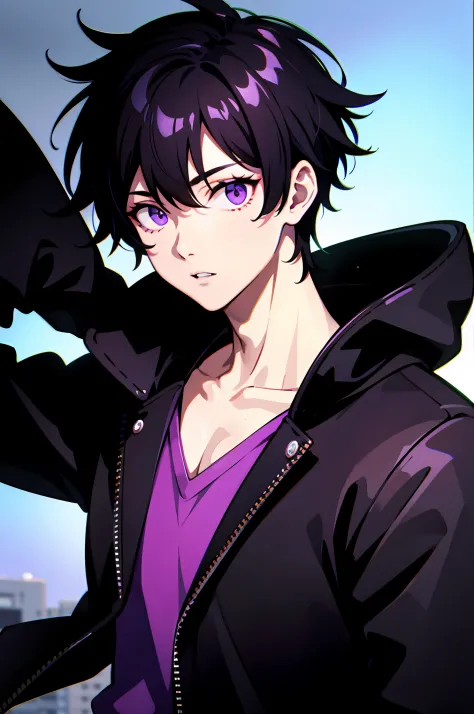 "1 boy with black hair and a black jacket, with purple eyes,4k quality,white background