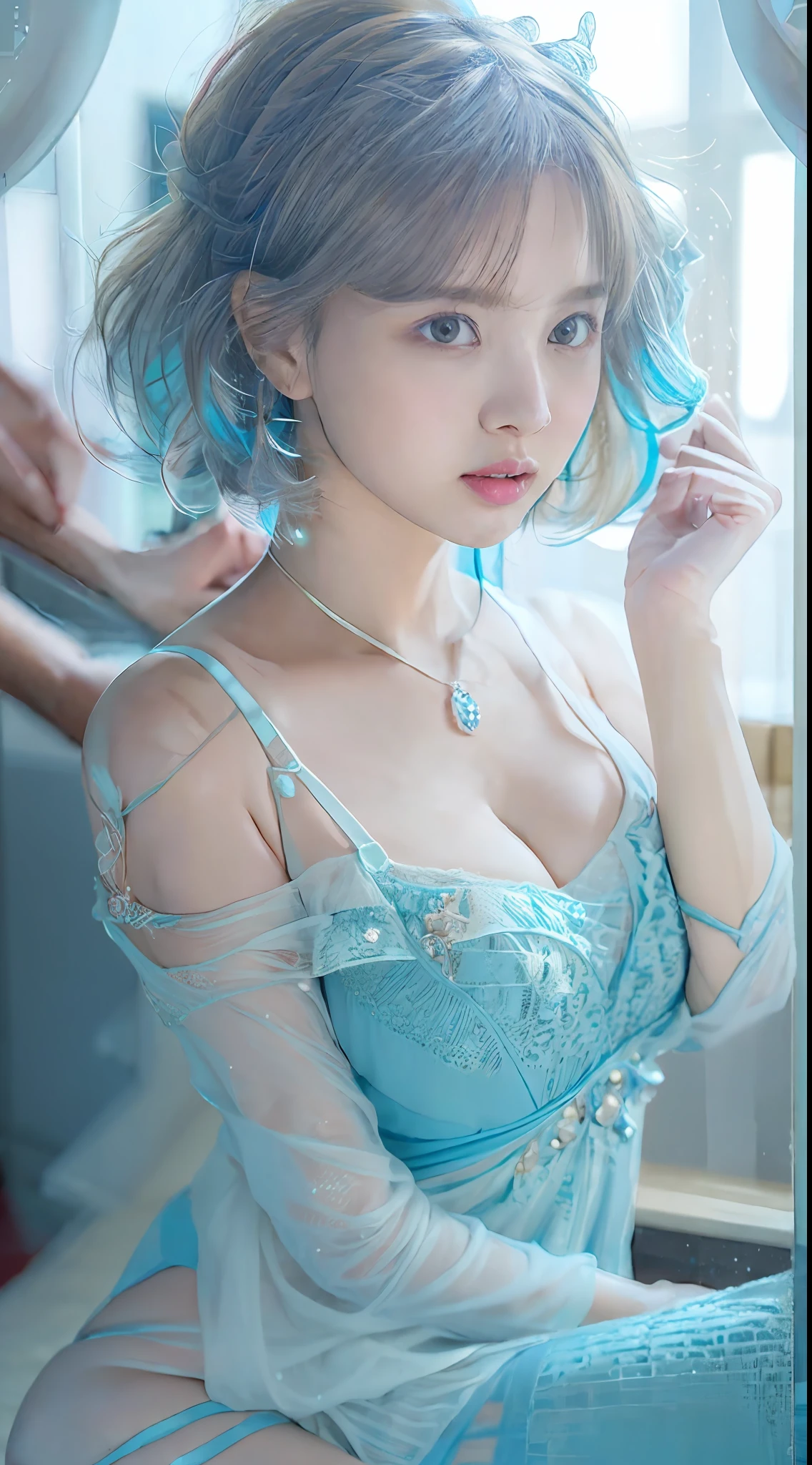 Ultra-thin fabric、There is a woman sitting on the floor in a blue dress, (Nipple ring、no-bra)、Icy Blue Dress, pale-blue, Sitting in a gorgeous chair、rei hino as a princess, 奈良美智, light blue dress portrait, sakimichan, aya takano color style, translucent  dress, Ayami Kojima Amano, loli in dress, blue gray, Ethereal!!!!!!!、 (Photorealsitic:1.4)、(masuter piece:1.3)、 (intricate-detail:1.2), (crisp photos)、Raw photo, (top-quality, ​masterpiece:1.2),(intricate detailes:1.4),(octane renderings, Complex 3D rendering ultra detail, Studio Soft Light, Rim Lights, vibrant detail, Super Detail, realistic skin textures, Detail Face, Beautiful detail eyes, Very detailed CG Unity 16k wallpaper, make - up, (detailedbackground:1.2), shinny skin、