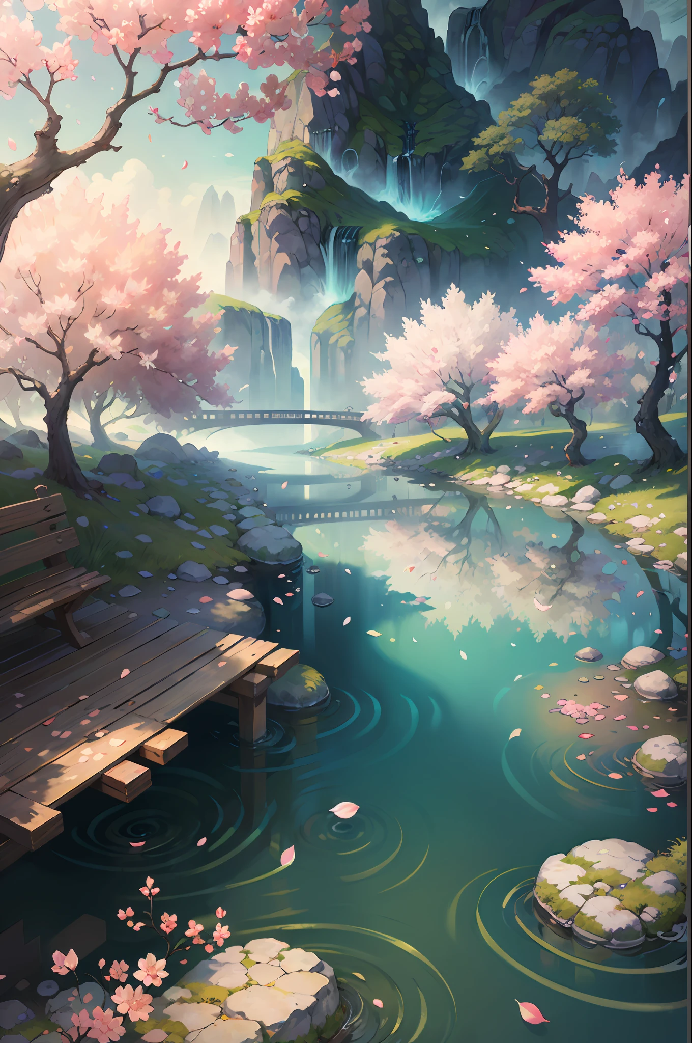 original,(illustration:1.1),(best quality),(masterpiece:1.1),(extremely detailed CG unity 8k wallpaper), (colorful:1.2), sakura tree, sakura petals,landscape,  river|road,