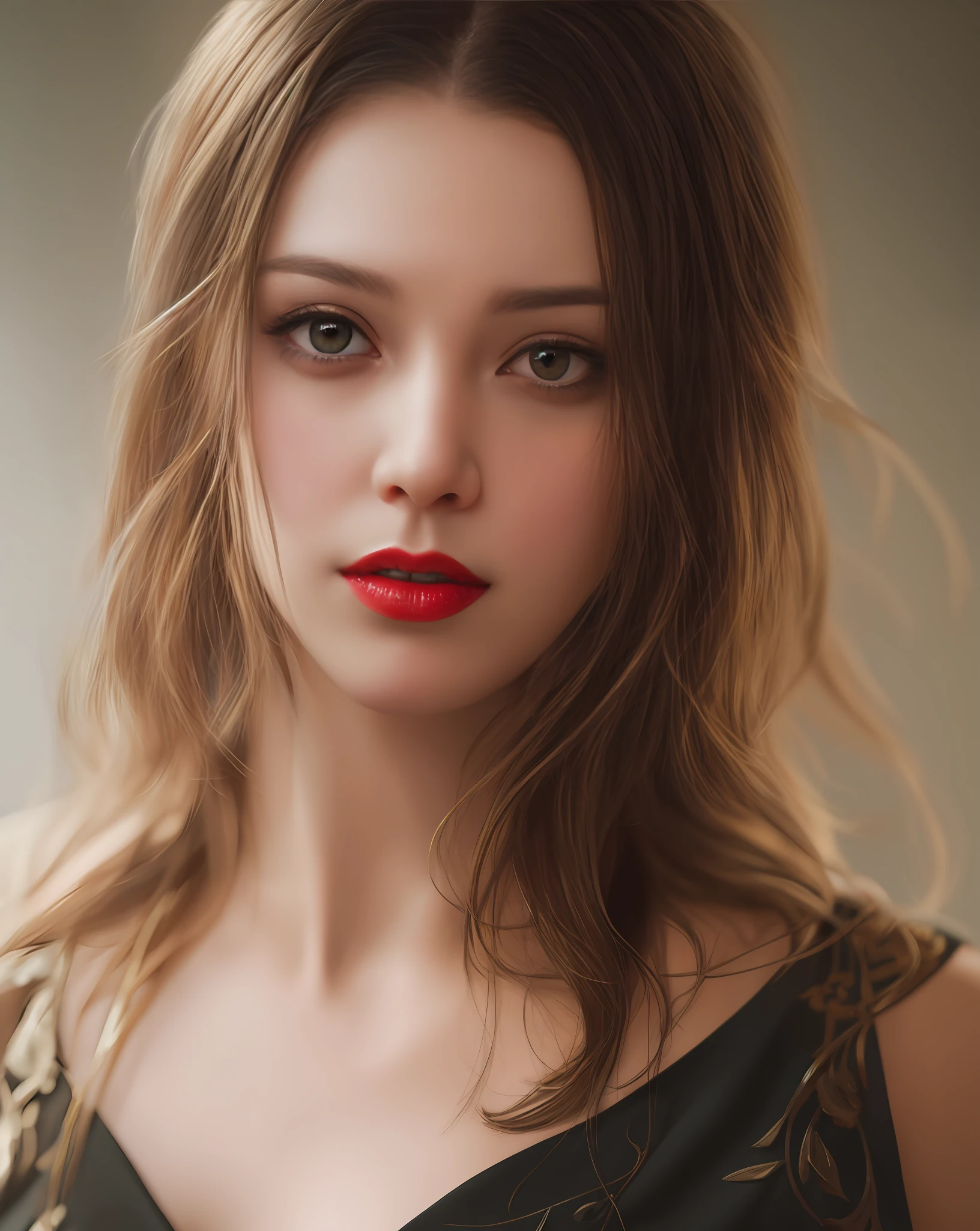 (Masterpiece),(Best quality),((Masterpiece)),(A high resolution), Original, Portrait of a beautiful teenager, meidum breasts, formal outfit, Soft smile, Red lips, pretty hair, beauty eyes, 1girll, Solo, Realism, {{{{painted by Greg Rutkowski}}}}