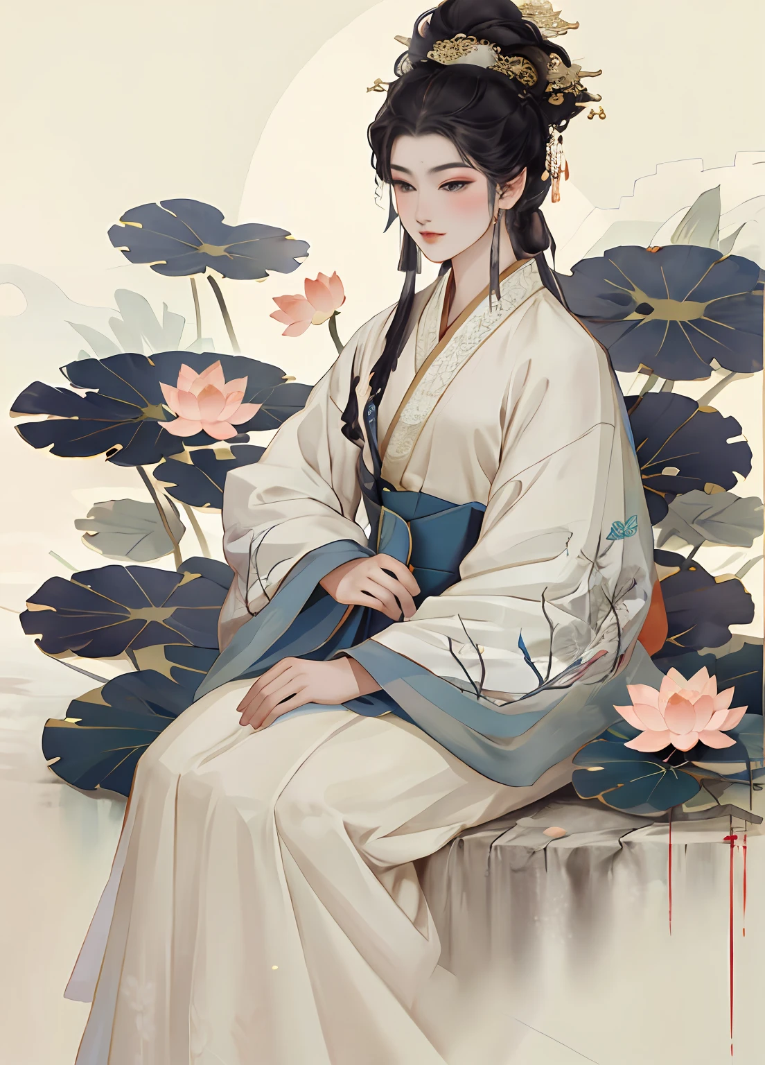 The front of an ancient Chinese beauty，wearing ancient Chinese costume，Flowing tulle，Light silk，Lazy posture，large lotus leaf，lotuses，Ink painting style，clean color，Decisive cut，Leave white space，impressionistic，tmasterpiece，ultra-detailliert，Epic composition, high qulity, HighestQuali, 4K