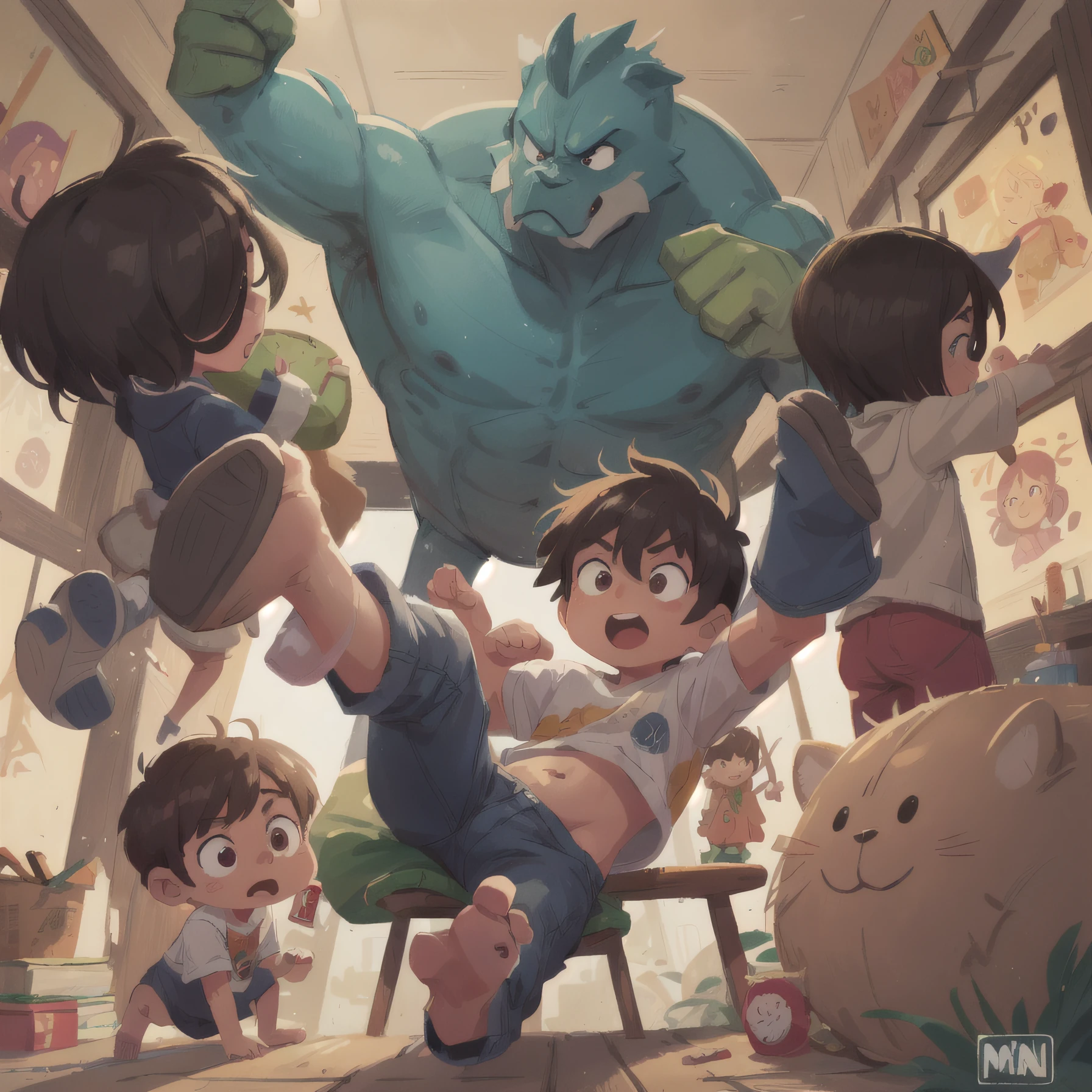 A cartoon picture of a group of children in a room with a giant monster -  SeaArt AI