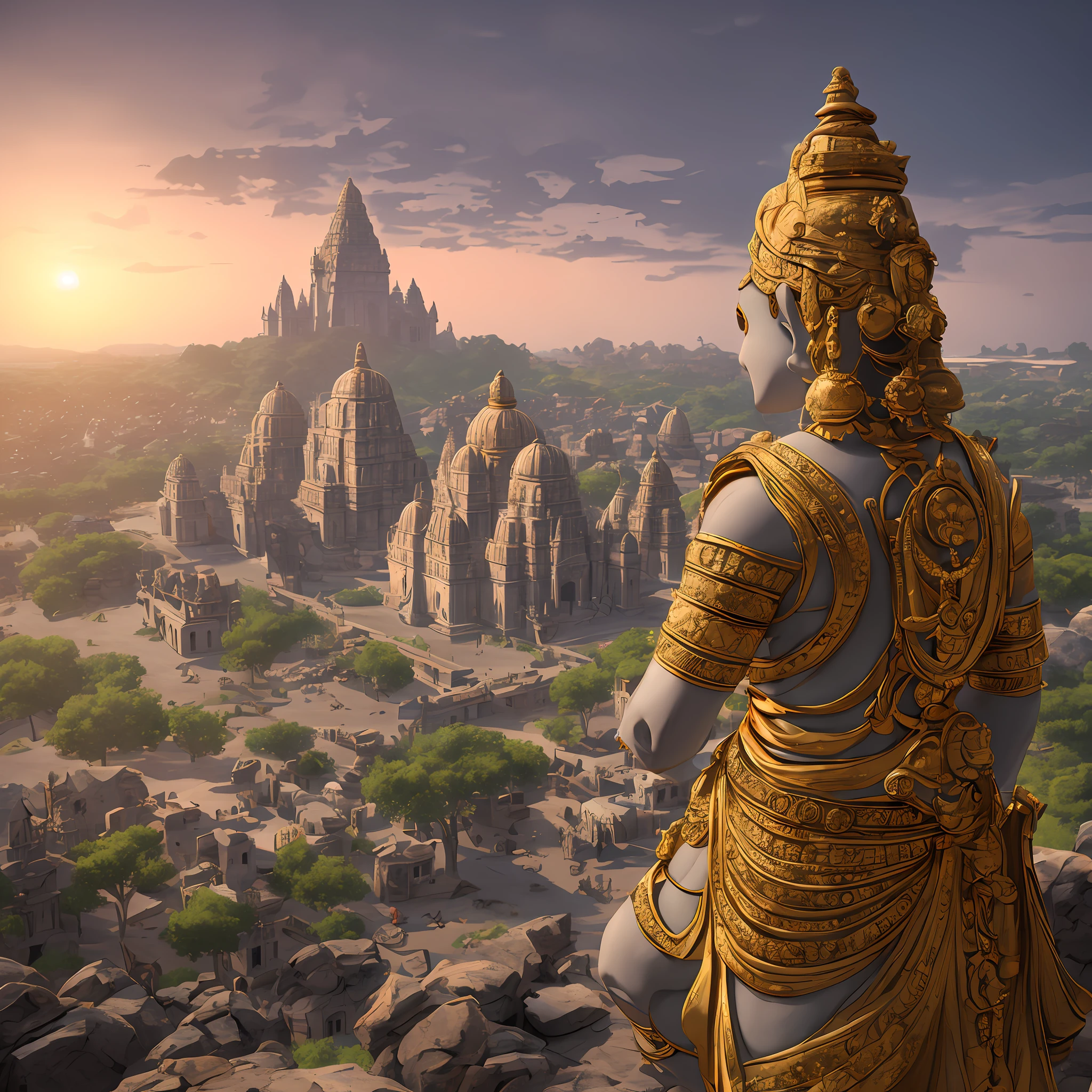 Lord Krishna watching the city from mountain,Ancient Indian Golden City Civilization with Grid system, Indian Style Temple n  Dozens Majestic Houses made of gold metals and shiny diamonds across the area,Unreal engine 5,by the sea shore, Cinematic,8k,Gold metal city, Magical, Mysterious,Hindu mythology city,Dwarka.