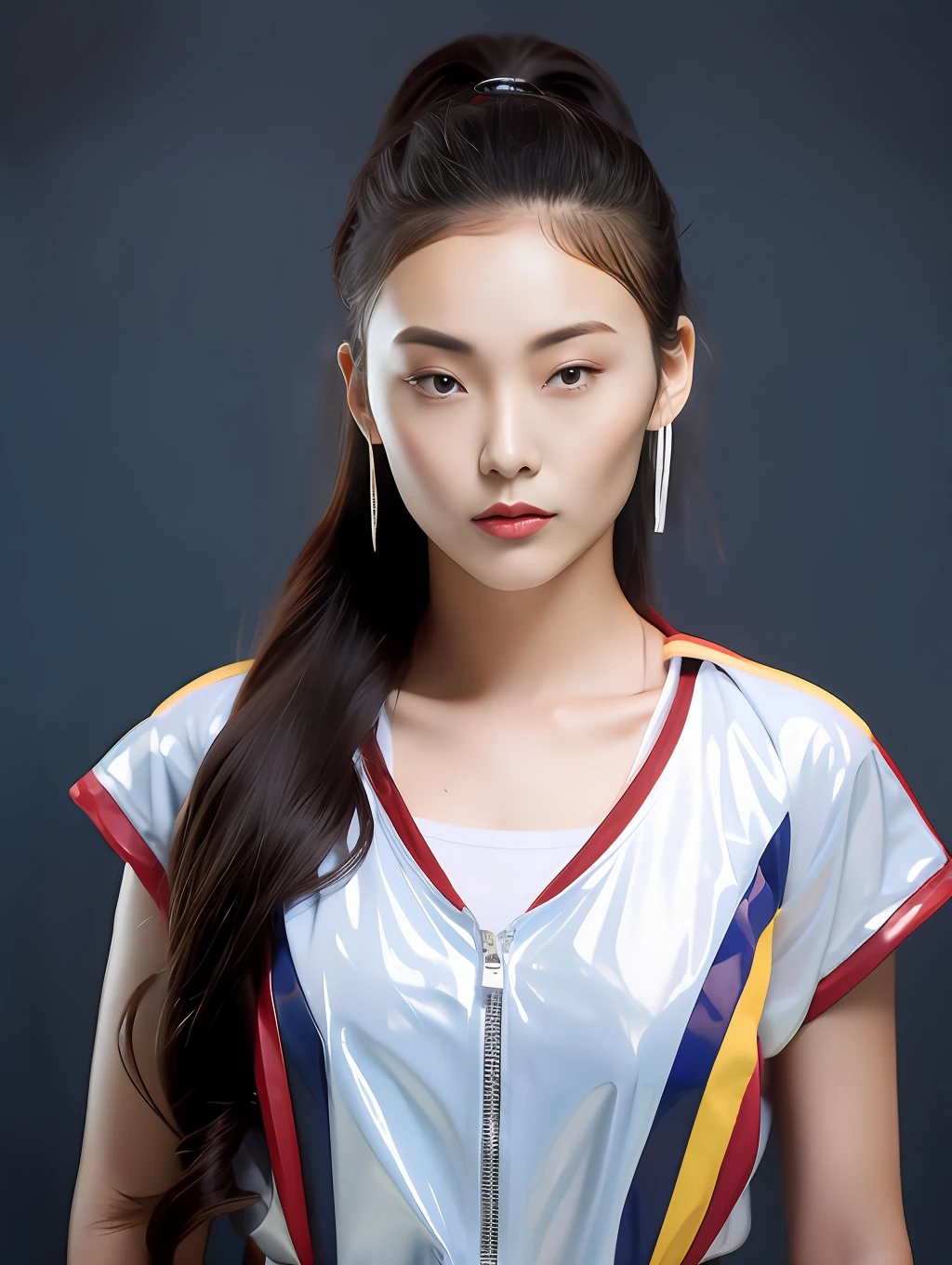 A female high school student，Wearing PVC red school uniform，double-ponytail