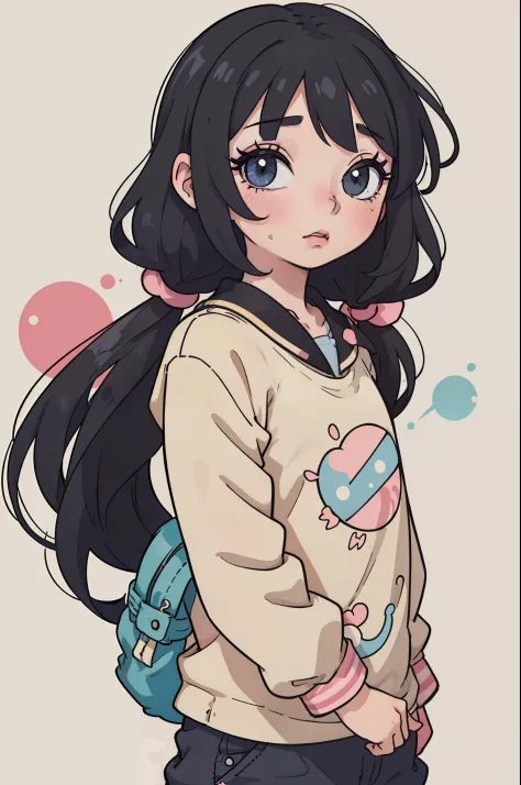 Yume Cute、an anime girl、Head and body are low、Deformed、cartoon、Zito-order、Sickly cute、Harajuku、Casual clothing、Kitschy aesthetics、long eyelashes、lipgloss、Black hair twintails、subculture、Cute fluffy backgrounds、flat-colors