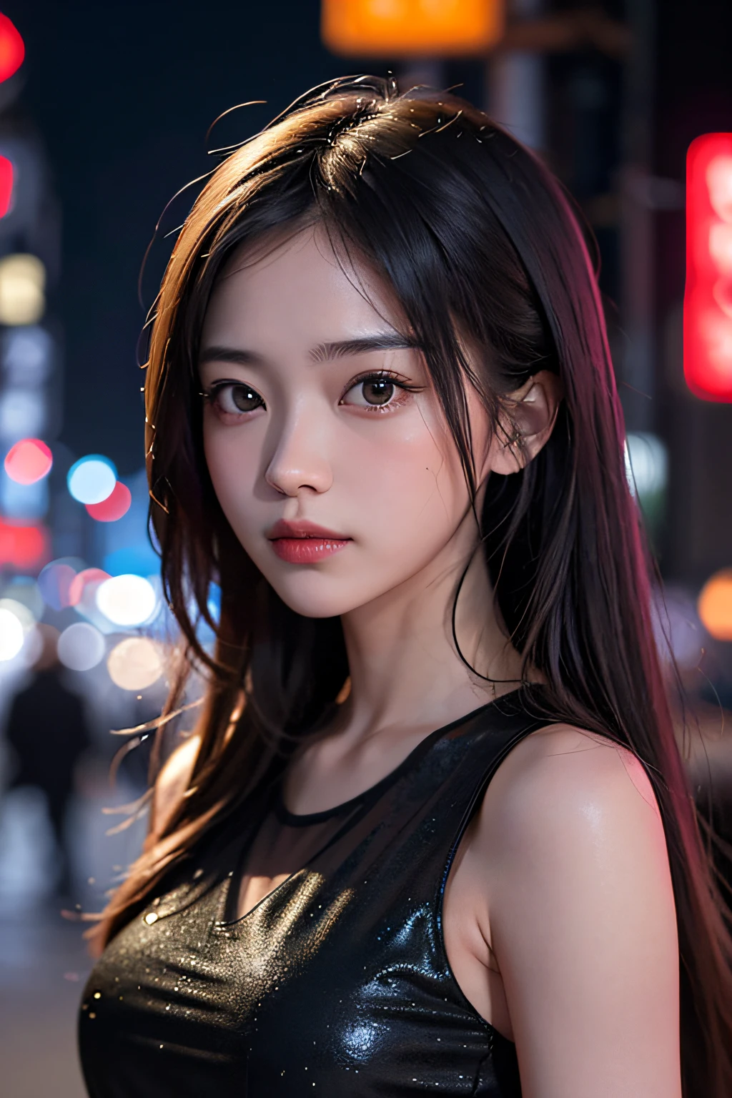 1girl, Tokyo street,night, cityscape,city lights, upper body,close-up, 8k, RAW photo, best quality, masterpiece,realistic, photo-realistic,